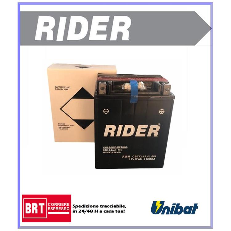 Batteria Rider CBTX14AHLBS KAWASAKI KL Tengai (KL650B1/B2/B3) 650cc 1989-1991 (Yuasa code YTX14AHL-BS)