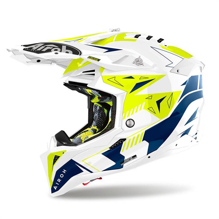 Casco Moto Cross AIROH AVIATOR 3 SPIN Giallo Blu - Lucido